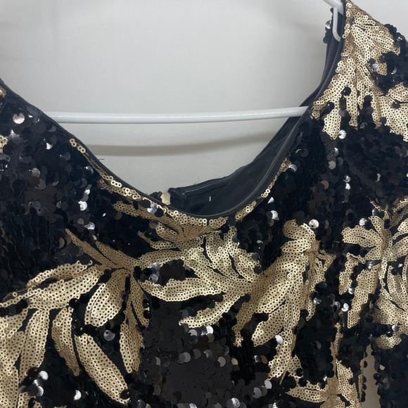 Akira Size Small Sequin Mini Dress Black Gold Leaf Off Shoulder Bodycon Party - Picture 4 of 9